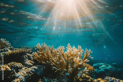 Serene underwater scene Coral reefs bathed in sunlight Marine life exploration © Jelena