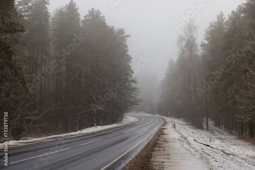 beautiful snow-covered road during fog in winter