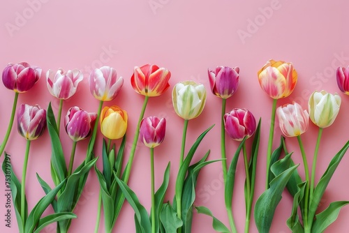 Spring tulips arranged in a vibrant flat lay on a pink background Symbolizing renewal and beauty #753879797
