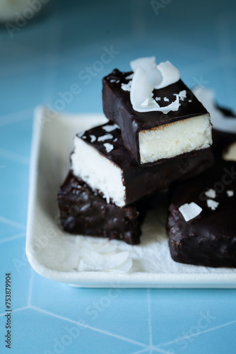 Healthy Raw Coconut Bars. Made from coconut shreds and carob.