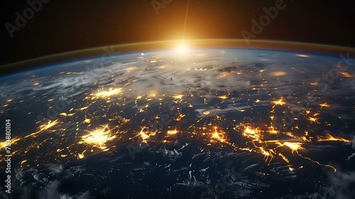 panoramic view on planet earth globe from space glowing city lights light clouds 