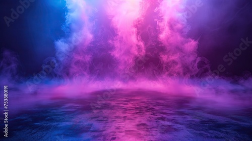 the dark stage shows empty dark blue purple pink background neon light spotlights the asphalt floor and studio room with smoke float up the interior texture for display products 