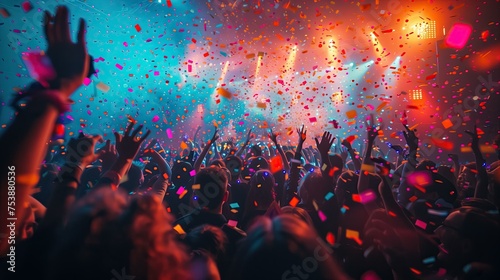 Concert Crowd: Colorful Stage Lights and Confetti
