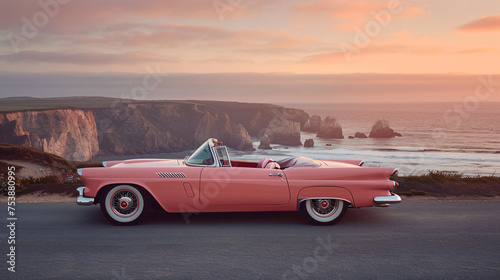a pink convertible car parked on a road with water and cliffs in the background