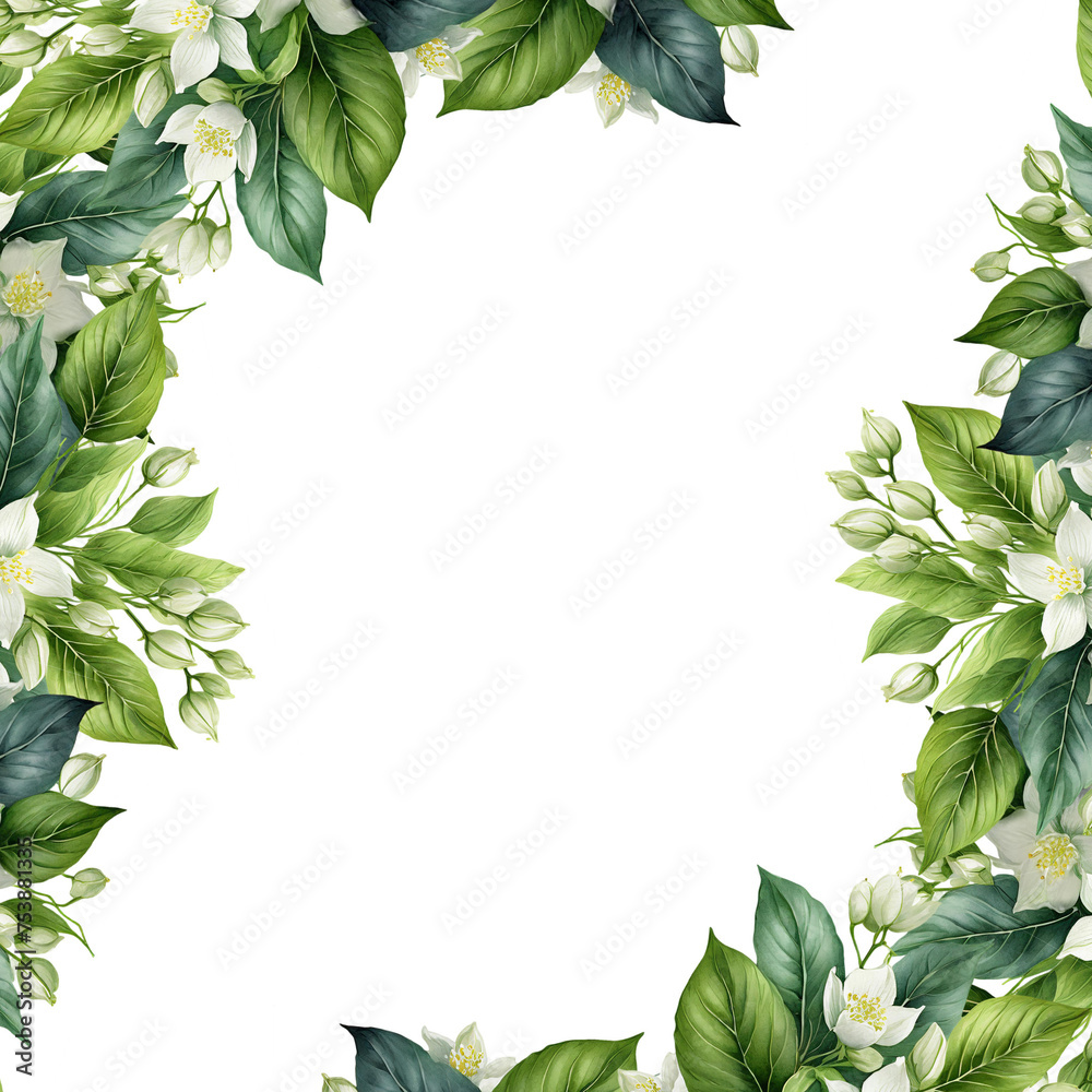 Greenery branches and jasmine flowers clipart. Green foliage corner border for wedding, invitation, greeting and other