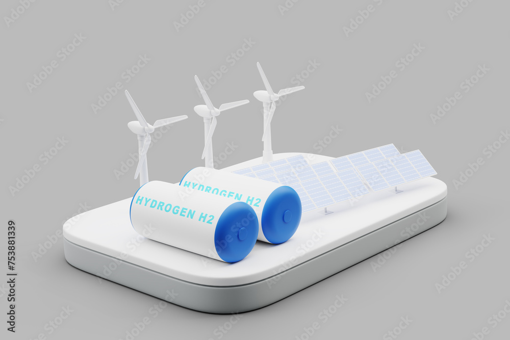 Hydrogen Gas tank, wind turbine and solar panels, concept of clean energy, renewable energy and green industry, 3d rendering. Hydrogen Gas tank, wind turbine and solar panels, concept of clean energy, renewable energy and green industry, 3d rendering.
