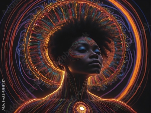 Black woman portrait. Neon lights. Bright colors.