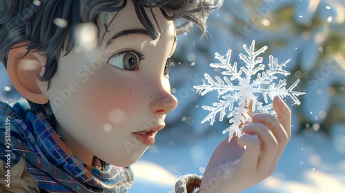 With a curious tilt of the head, the animated character examines a delicate snowflake, marveling at its intricate beauty and uniqueness. © abstract eye