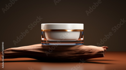 Cosmetic jar on a tree branch podium, wooden floor. Mockup of branding of cosmetic product. Space for design.