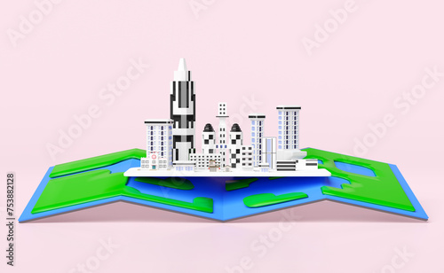 skyscraper building in big city with map isolated on pink background. 3d render illustration