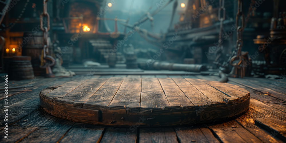 Naklejka premium Empty wooden scene on a pirat ship.