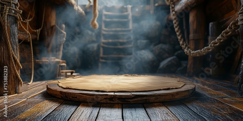 Empty wooden scene on a pirat ship. photo