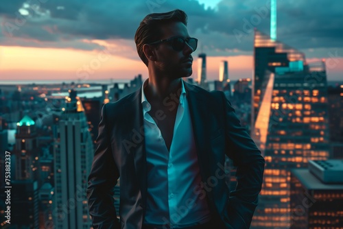 Portrait of a handsome young businessman stands against the backdrop of tall skyscraper buildings in a business district in a big city