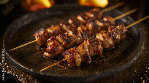 Yakitori, skewered and grilled chicken pieces, perfectly charred, arranged on a ceramic plate. The skewers are highlighted by a smoky aroma, set against a dark, textured background