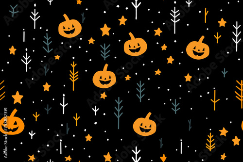 A pattern of pumpkins and stars on a black background photo
