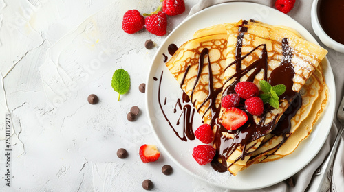 clean table background , Tasty crepes with chocolate paste with copy space