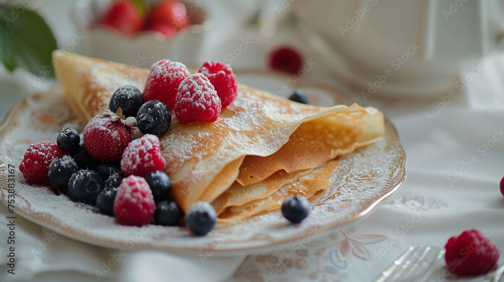 Delicate crepes folded on a fine porcelain plate, filled with fresh berries and dusted with powdered sugar, presented on a light, airy table setting under soft, morning light Delicate crepes folded on a fine porcelain plate, filled with fresh berries and dusted with powdered sugar, presented on a light, airy table setting under soft, morning light