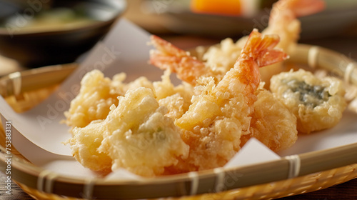 Crispy Tempura, a mix of lightly battered and fried vegetables and seafood, displayed on a delicate paper-lined bamboo tray.