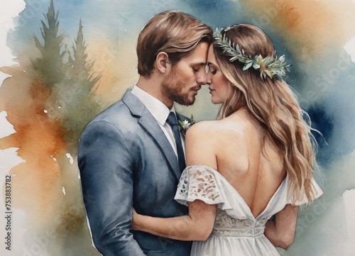 Watercolor bride and groom kissing