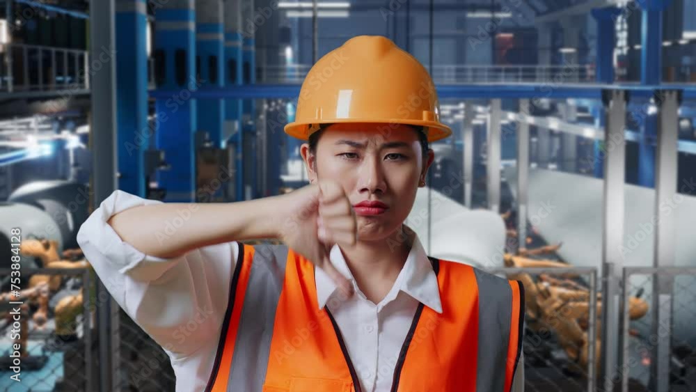 Close Up Of Asian Female Engineer With Safety Helmet Standing In Factory Manufacture Of Wind Turbines. Showing Thumbs Down Gesture And Shaking His Head While Robotic Arm Working Close Up Of Asian Female Engineer With Safety Helmet Standing In Factory Manufacture Of Wind Turbines. Showing Thumbs Down Gesture And Shaking His Head While Robotic Arm Working