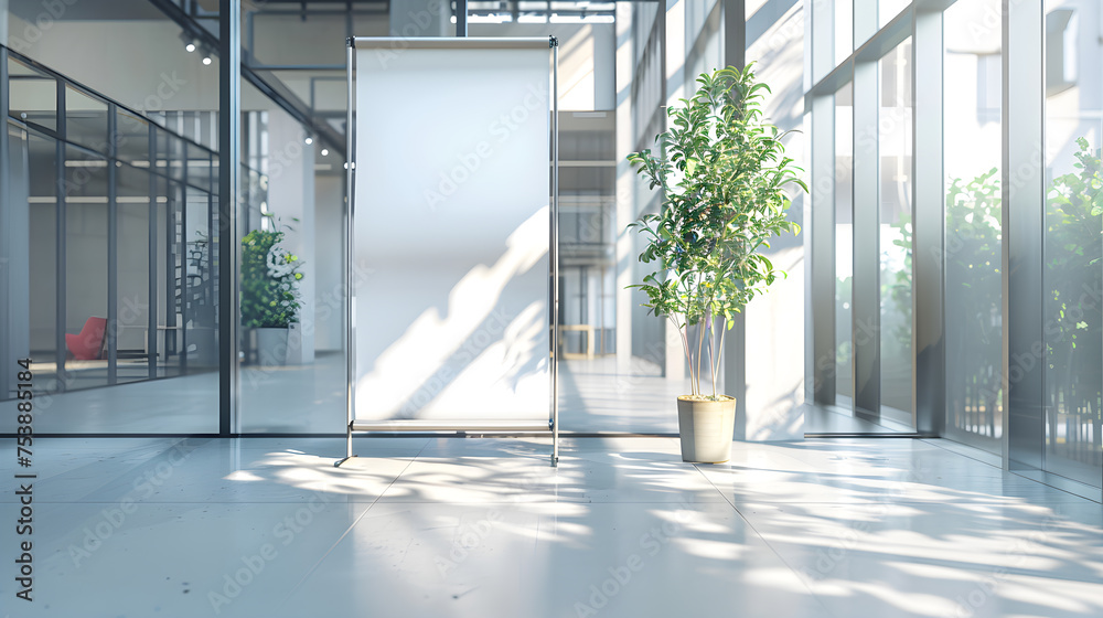Obraz premium roll up mockup poster stand in against clean hall with big glass windows environment