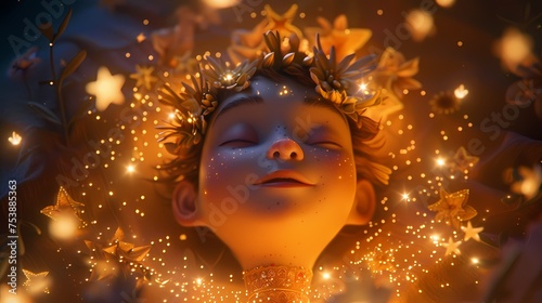 Surrounded by a halo of twinkling stars, the animated character dreams peacefully, their imagination soaring.