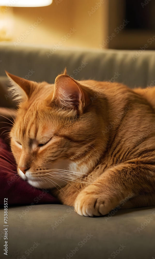 A cat sleeping on a pillow next to a light.