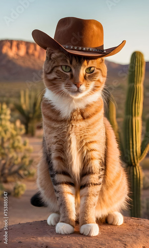 The cat is sitting down wearing a cowboy hat.
