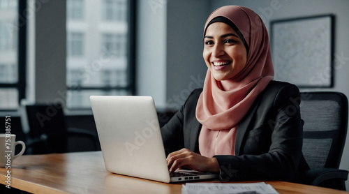 Successful young Muslim businesswoman wearing hijab is working on laptop in corporate office. Smiling female Arabic manager, ceo