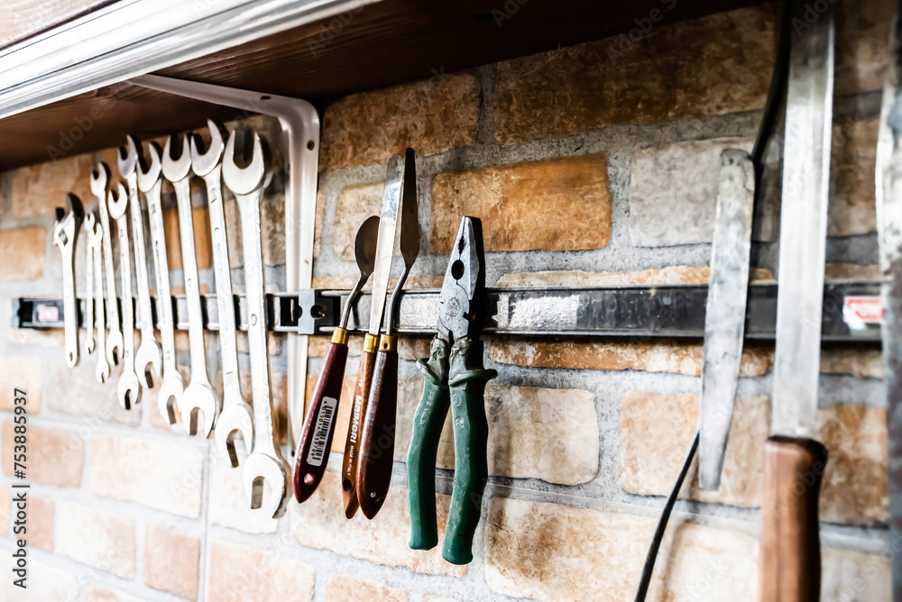 Wall with various carpentry tools. Wall with various carpentry tools.