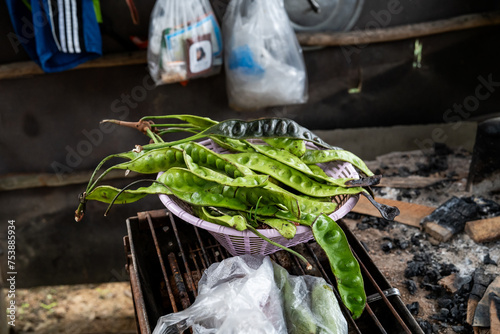 Sator beans, also known as Stink Beans, ready for cooking in Thailand