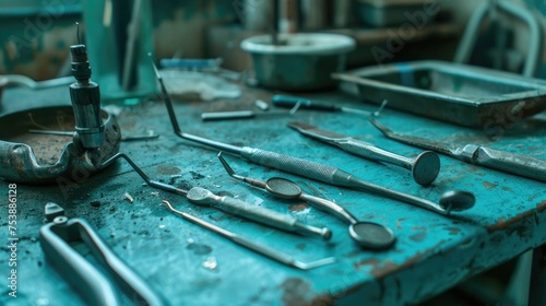 Rusty dental tools on an old grimy tray