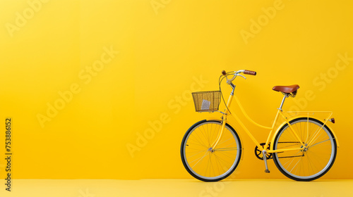A bicycle with basket arranged on it on yellow background photo