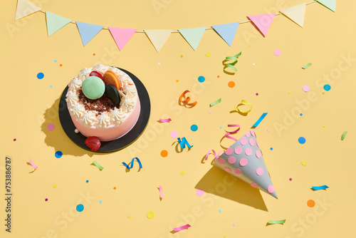 Birthday celebration with pink birthday cupcake, party hats photo