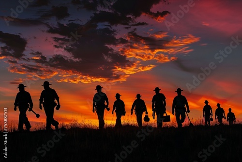 Echoes of Endeavor: Silhouettes of Coal Miners Against the Backdrop of a Vibrant Sunset, Heading Home After a Day’s Work, Capturing the Essence of Coal Miners’ Day