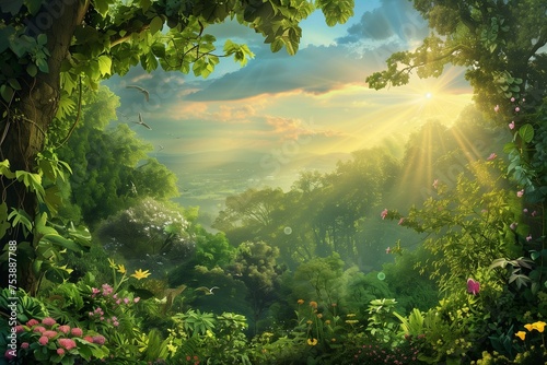 Harmony of Life: A Pristine View of Earth Day Celebrations with Diverse Flora and Fauna Coexisting in a Lush Green Forest, Illuminated by the Gentle Rays of the Rising Sun