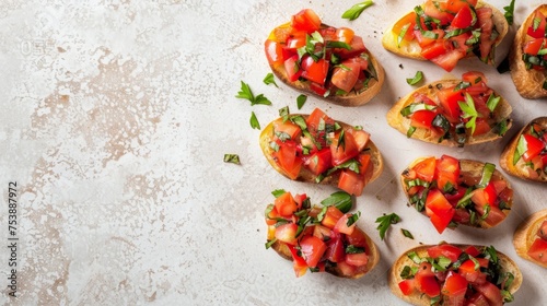 Artisanal Bruschetta with Fresh Ingredients: A visually stunning bruschetta featuring ripe tomatoes and basil on a textured white backdrop.