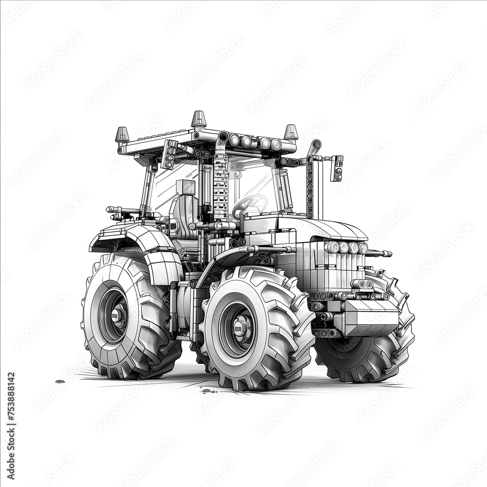 Black linear drawing of a tractor. 