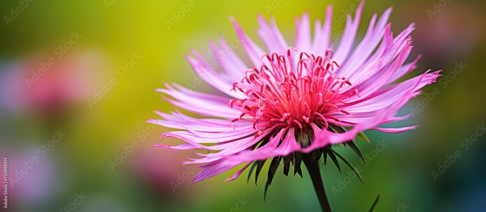 Obraz premium Close up view of a pink wildflower with a blurred background, showcasing intricate details of the flower petals and vibrant colors.