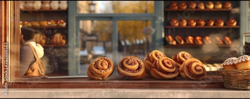 delicious Cinnabon buns. Cinnamon rolls with cream are sold in a bakery window