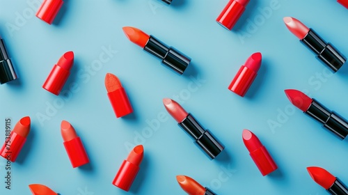 Top-down view arrangement of hygienic lipsticks on a bright background, leaving space for text