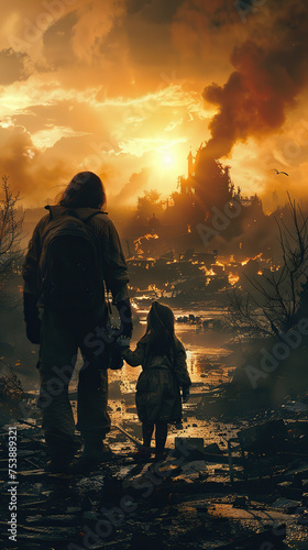 Man and girl, Apocalypse scene, Burning city, Disaster backdrop, Catastrophic event, Ruined landscape, Fire-ravaged city, Dystopian background, Post-apocalyptic scenario, Father and daughter, Desolati