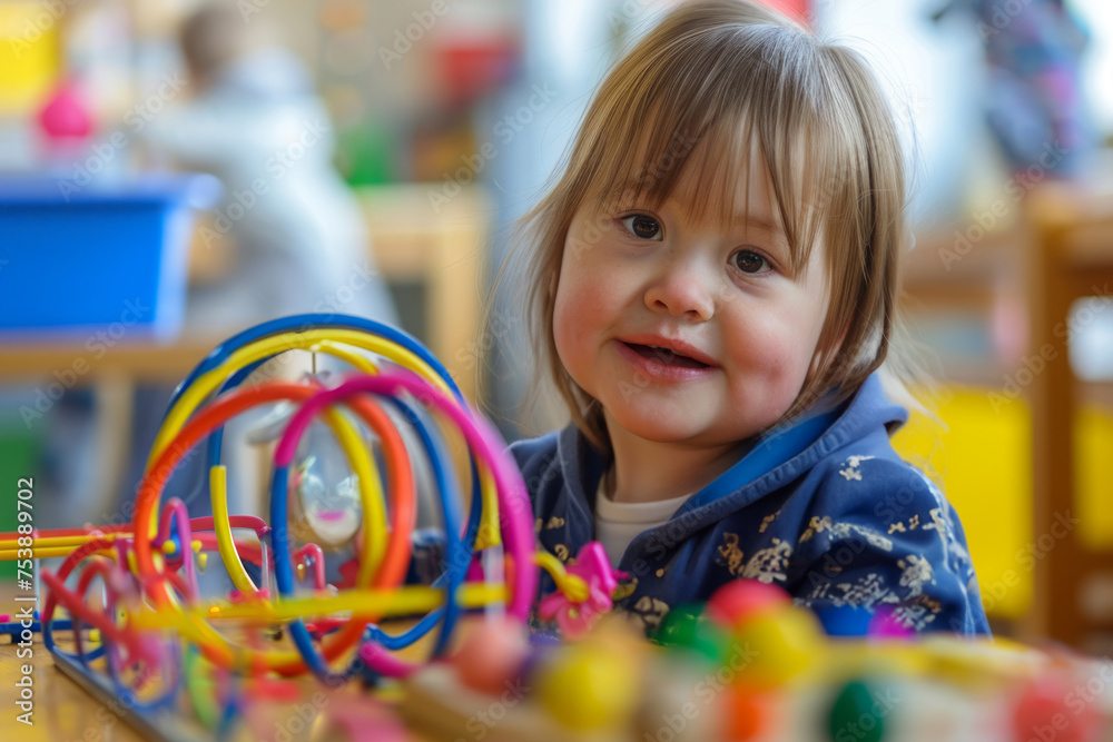 Little girl with Down syndrome playing with toys in Montessori school. Social Inclusion, children with disabilities and special needs concept Little girl with Down syndrome playing with toys in Montessori school. Social Inclusion, children with disabilities and special needs concept