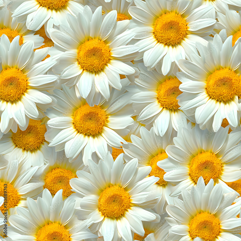 Fototapeta premium A Lot Of White Yellow Daisies or chamomile flowers - for full-frame background and seamless texture. Neural network generated image. Not based on any actual scene or pattern.
