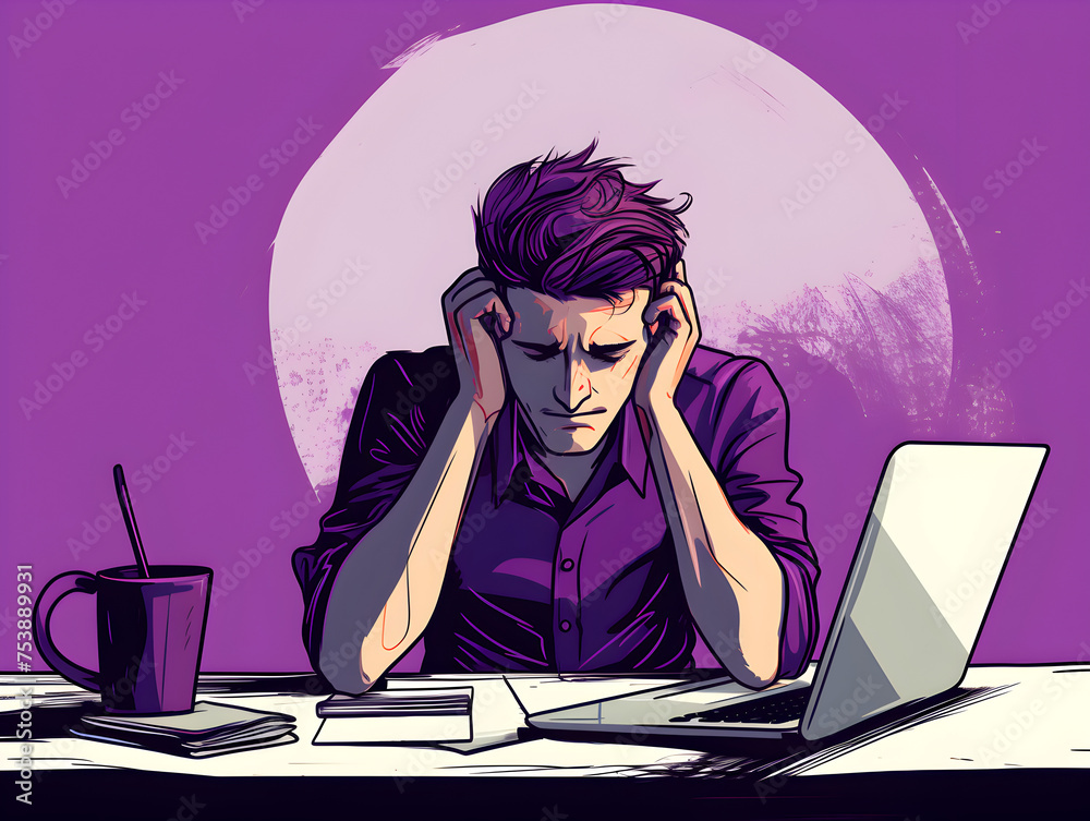 Illustration of a stressed man at work table, dark purple background Illustration of a stressed man at work table, dark purple background