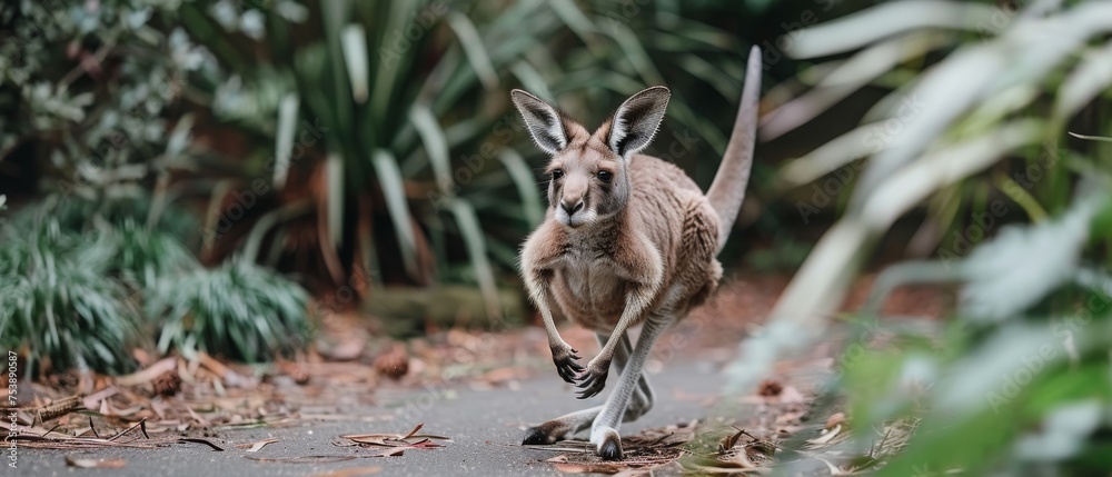 a close up of a kangaroo on a road with trees and bushes in the backgrouds in the background. a close up of a kangaroo on a road with trees and bushes in the backgrouds in the background.
