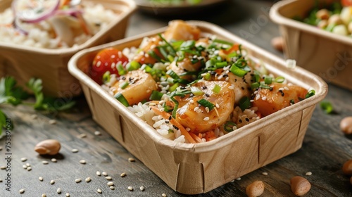 Compostable food packaging for takeout meals photo