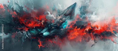  a digital painting of a cat's head with red and blue paint splatters on it's face. © Jevjenijs