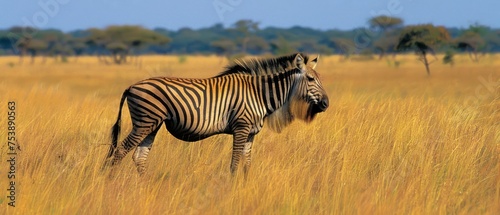  a zebra standing in the middle of a field of tall grass with trees in the back ground and a blue sky in the background.