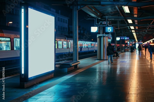 Blank billboard on train station platform. Street mockup concept. Template for design  advertising  banner. Urban marketing